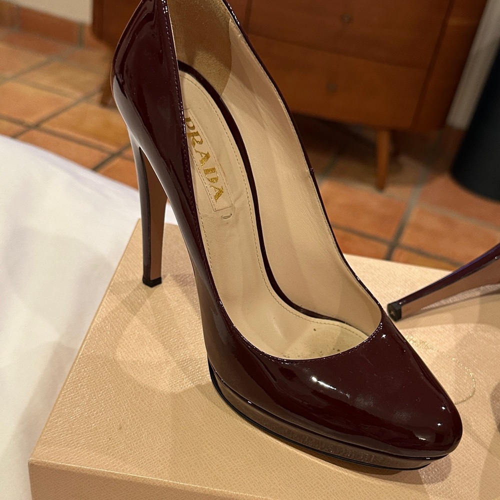 Prada Women's Dark Burgundy Patent Leather Heels